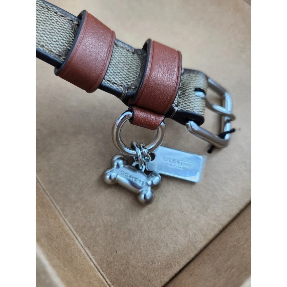 New Coach Dog Collar Medium Khaki Saddle Signature Canvas Leather CH146 J2392